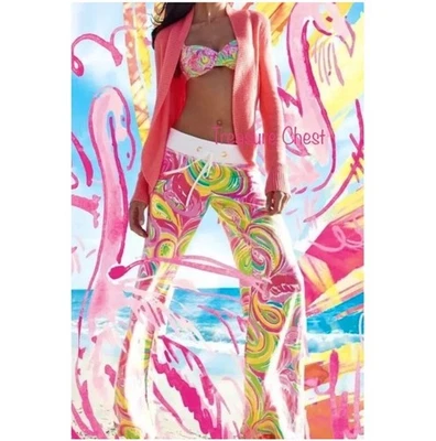 Pantalón Lilly Pulitzer Beach Palazzo Rosa Verde Amarillo Paisley Lino Algodón Talla S Foto 1 de 4