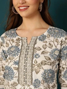 Indian Women White & Blue Cotton Floral Printed Kurta Kurti Top Tunic New Dress - Picture 1 of 6