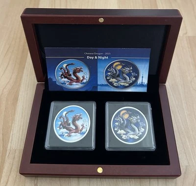 2025 China Chinese Dragon Day & Night Colorized 2 x 1oz Silver Coin Set Mint 888 - Image 1 of 4