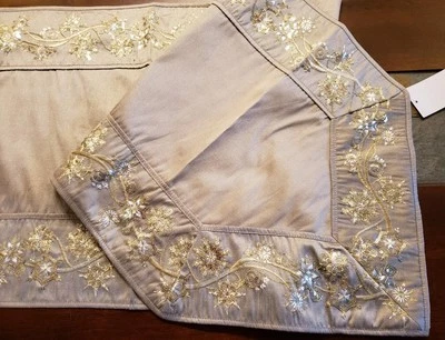 NWT Sullivan 72" Silvery Taupe Table Runner Embroidered Snowflakes Gold beaded - Image 1 of 4