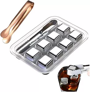 Reusable Whiskey Stones Gift Set 8 Stainless Steel Ice Cubes with 2 Tongs Gift - Picture 1 of 10