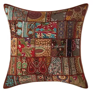 Decorative Cotton Chair Cushions Brown 60x60 cm Patchwork Floral Pillow Covers - Picture 1 of 3
