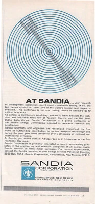 Anuncio impreso de Sandia Corporation 1963 ~ reclutamiento de investigación y desarrollo ~ carrera espacial, guerra fría Foto 1 de 4