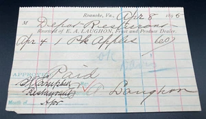 Restaurantbeleg 1896 für Äpfel aus e.A. Laughon Fruit Dealer ROANOKE VA - Bild 1 von 3