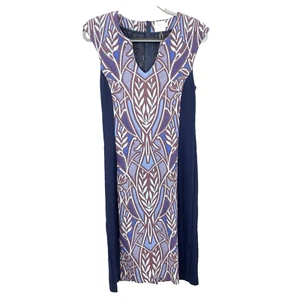 Vestido sin mangas HD Paris Anthropologie para mujer talla pequeña Cleo azul rojo estampado elástico - Imagen 1 de 10