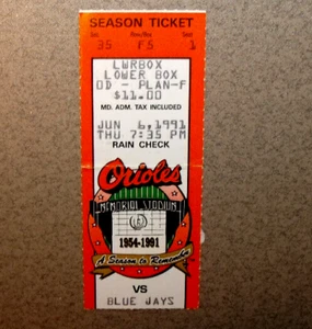 Baltimore Orioles 6/6/1991 Ticket Stub vs Toronto Sam Horn HR Cal Ripken 1b - Picture 1 of 3