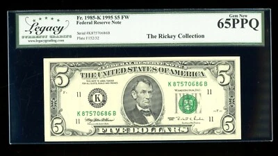 DBR 1995 $5 Dallas Gem Fr. 1985-K Legacy 65 PPQ Serial K87570686B - Image 1 of 2