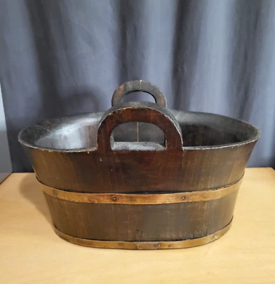 Antique dark wooden oval shaped brass-bound basket with two handles - Image 1 of 4