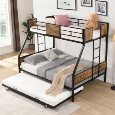 Twin Over Full Metal Bunk Bed w/Trundle & 2 Side Ladder for Kids Teens Adults - Image 1 of 4