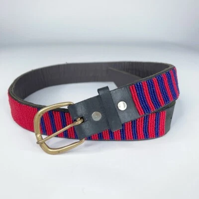 Angama Beaded Waist Belt Red Blue Maasai Kenya Black Leather Small — 第 1/4 张图片
