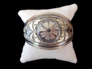 STERLING SILVER .875 BLACK ENAMELED FLORAL CUFF BRACELET 44 grams - Bild 1 von 6