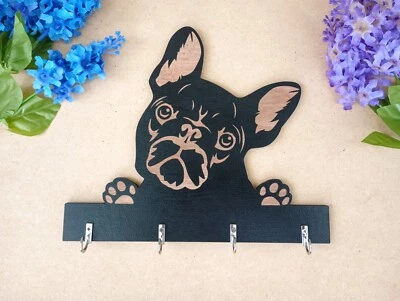 French Bulldog Peeking Key Ring Holder, Leash Holder, Wooden Key Ring Holder,... - Image 1 of 4