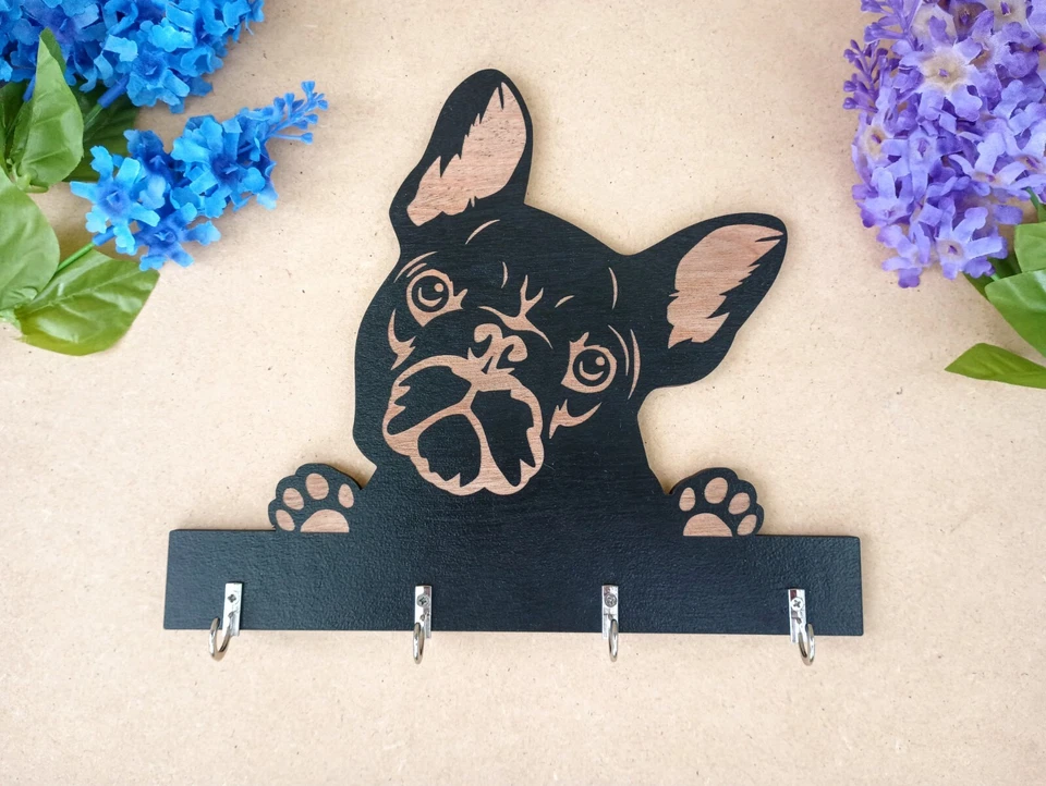 French Bulldog Peeking Key Ring Holder, Leash Holder, Wooden Key Ring Holder,... - Image 1 of 4