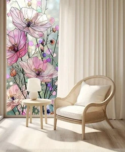 Colorful Floral Frosted Spring Decor PVC Window Film Removable Glass Sticker - Picture 1 of 4