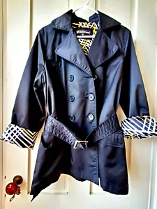 Women's Trench Coat Jacket by Dollhouse Patterned Fun Lining Belted Peacoat L - Picture 1 of 10
