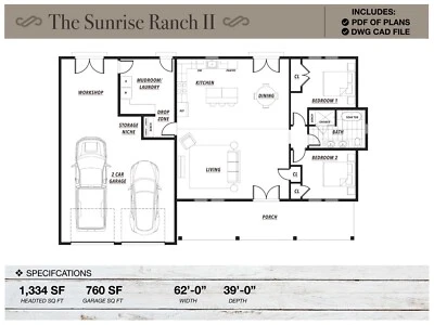 Casa de rancho de 1.334 pies cuadrados, planos de planta de rancho, casa de campo moderna, planos de casa, cabaña Foto 1 de 4