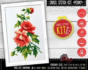 Peony bouquet cross stitch kit - Flowers embroidery kit with counted patter - Picture 1 of 10