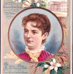 "New Bride" 1886 Mrs President Cleveland White House Lion Coffee Ad Trade Card - Picture 1 of 13