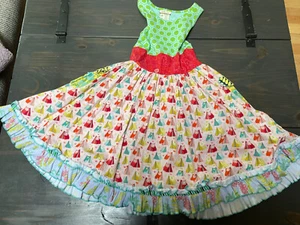 Matilda Jane Twirl Dress Size 8 Blue Green Honeycomb And Pink Tent Pattern EUC - Picture 1 of 7