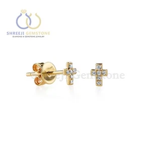 Natural Pave Diamond Mini Cross Stud Earrings 14k Solid Gold Minimalist Jewelry - Picture 1 of 4