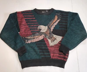 Vintage Alan Stuart 1980er Acryl & Leder Adler Strick Pullover Piniengrün-Medium - Bild 1 von 10