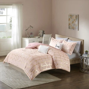 FUN COZY MODERN CHIC PINK GOLD WHITE SOFT GEOMETRIC STRIPE GIRLS COMFORTER SET - Picture 1 of 2