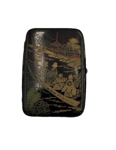 Japan Antik Lack Klappdose hellbraun schwarz Geisha Boot bemalt Geldbörse Pillendose - Bild 1 von 9