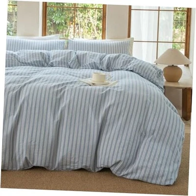 Luxury 100% Washed Cotton Linen Like Duvet Queen Strip-cornflower Blue/White - Image 1 of 4