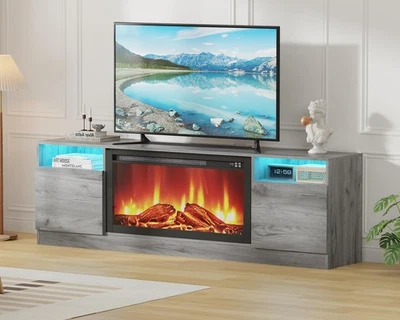 Mesa console de TV moderna de madeira com luz LED com armário de armazenamento compatível com TVs de até 75" - Imagem 1 de 4