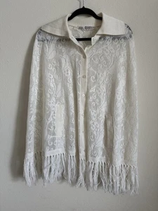 Vintage Poncho 60er Jahre weiß Spitze Fransen One Size  - Bild 1 von 7