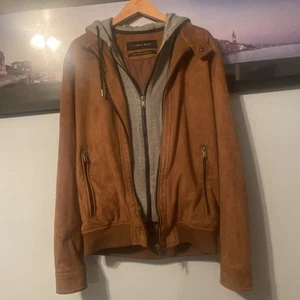 ZARA Bomber Jacket Medium color brown double Zip (detachable) Hooded Coat - Picture 1 of 15