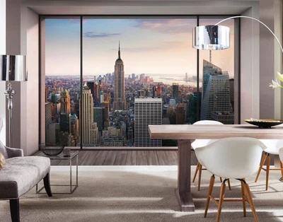Papel tapiz mural horizonte de la ciudad de Nueva York 368x254 cm ático ventana vista sala de estar Foto 1 de 4