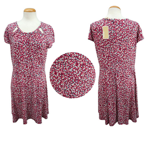 Abito donna Michael Kors grande multicolore ritaglio floreale cappuccio manica A Line nuovo con etichetta