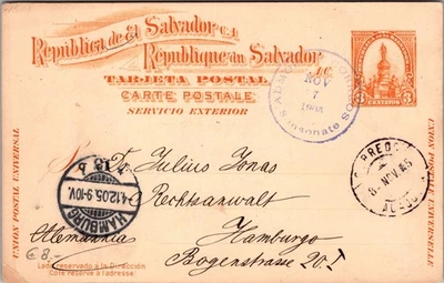 1905 El Salvador Postal Stationery Postcard Cover To Hamburg Germany - Image 1 of 2