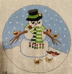 Snowman & Birds Handpainted Needlepoint Canvas Round Ornament 18 KITTED W FLOSS - Picture 1 of 2