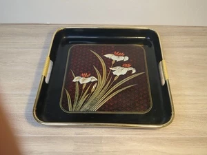 Vintage Japanese Lacquer Ware Floral  Serving Tray Lily Black W/ Gold - Picture 1 of 5