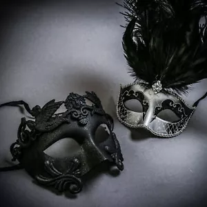 Black Roman & Silver MardiGras Eye Mask w/ Top Black Feather Couple Party Masks - Picture 1 of 4