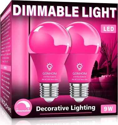 Gonhom 2 Pack A19 LED Pink Light Bulb,9 Watt Pink Lights Equivalent 100 Watt Col - Image 1 of 4