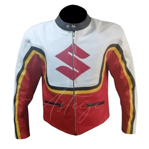 SUZUKI Famous Design Vintage Motorcycle Armored Biker Classic Leather Jacket - Picture 1 of 6