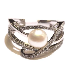 NUEVO 925 Plata de Ley Perla Zafiro Blanco Cruzado Anillo Piedras Preciosas 3.7g 7 - Imagen 1 de 14