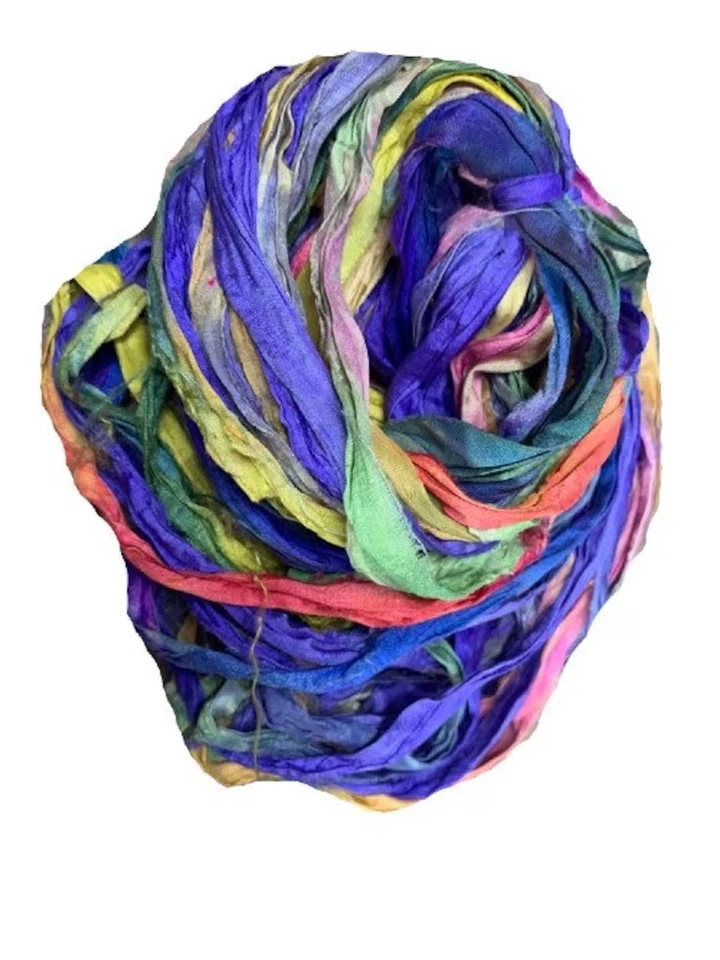 Recycled Sari Silk Ribbon Yarn - Blue and Yellow - 50 GMS - Boho Ribbon - Silk - Image 1 of 4