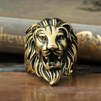 Mens Retro Black Gold Silver 316L Stainless Steel Lion Head Ring Animal King - Image 1 of 4