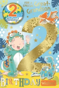 Great Grandson 2nd Birthday Card & Badge - Gold Number 2 Boy as Dinosaur 9x6" - Picture 1 of 1