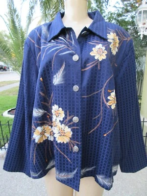 Alex Kim Boho Embroidered Jacket Navy Blue Floral Plus Size 2X Mid-Length NEW - Image 1 of 4