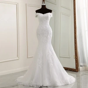 Elegant Mermaid Wedding Dresses Boat Neck Sleeveless Lace Appliques Bridal Gowns - Picture 1 of 10