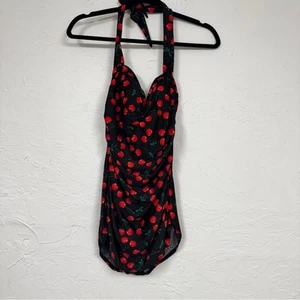 Esther Williams Black Red Cherry Print One Piece Swimsuit Womens 10 Modest Retro - Picture 1 of 7