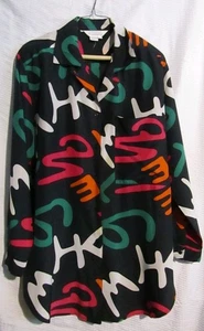 Vintage 80er Party schwarz Colorblock abstrakte Kunst Bluse Knopfleiste & Rückseite Größe 14 L - Bild 1 von 4