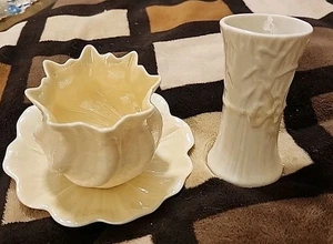 3 Piece Belleek Neptune Sea Shell Vase - Bud Vase - Dish- Ireland Green Mark -K - Picture 1 of 12
