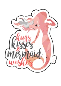 Hugs Kisses Mermaid Wishes Watercolor Boho Rustic Vinyl Die Cut Sticker 3.5x2.5 - Picture 1 of 1