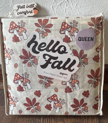 Sábana Ajustable Hello Fall Groovy Mushroom Toadstool, Hojas, Bellotas-Talla Queen Foto 1 de 2